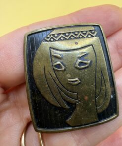 Vintage Soviet USSR Brass Brooch Mid Century Stylised Girl Portrait Folk