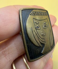 Vintage Soviet USSR Brass Brooch Mid Century Stylised Girl Portrait Folk