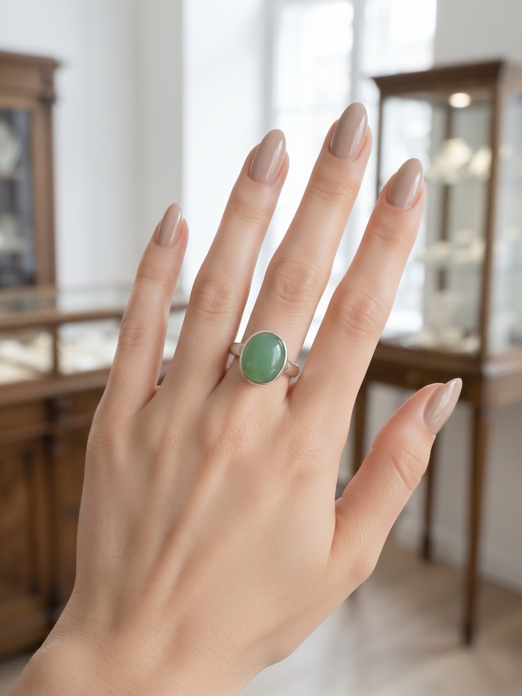 925 Sterling Silver Green Chalcedony Oval Cabochon Ring Bezel Set Size O~139
