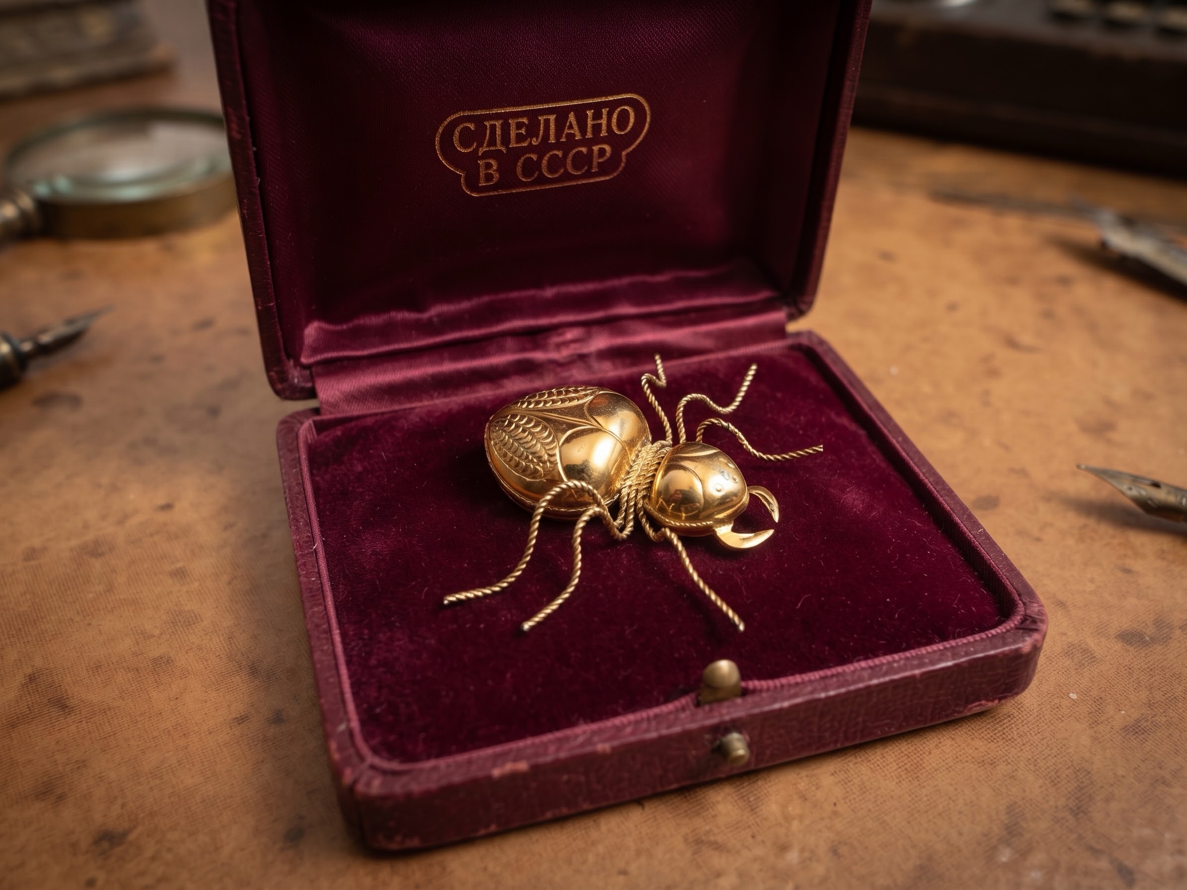 Vintage Soviet USSR Gold Tone Large Spider/bug  Brooch Pin Twisted Wire Legs