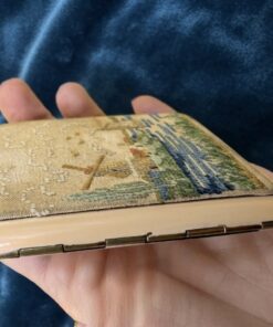 Vintage Petit Point Windmill Cigarette Case Cream Enamel Card Holder