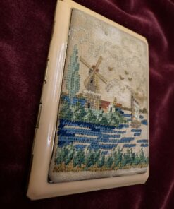 Vintage Petit Point Windmill Cigarette Case Cream Enamel Card Holder