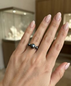 925 Sterling Silver Black Freshwater Pearl Trilogy Ring Size UK P1/2~222