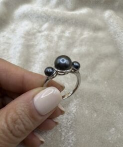 925 Sterling Silver Black Freshwater Pearl Trilogy Ring Size UK P1/2~222