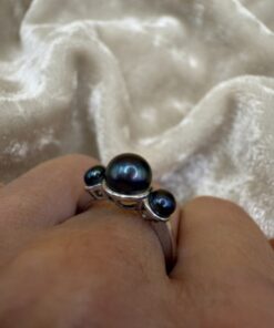 925 Sterling Silver Black Freshwater Pearl Trilogy Ring Size UK P1/2~222