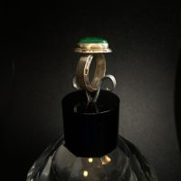 Antique silver ring with natural malachite, triangle shape, size m — 360° view